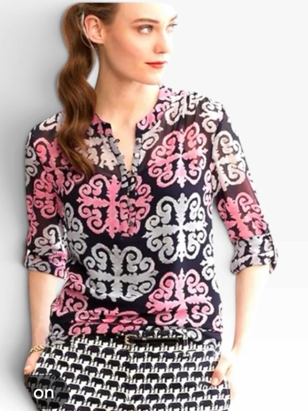 Banana Republic X Milly Collab Navy Pink Scroll-Print Split-Neck Blouse